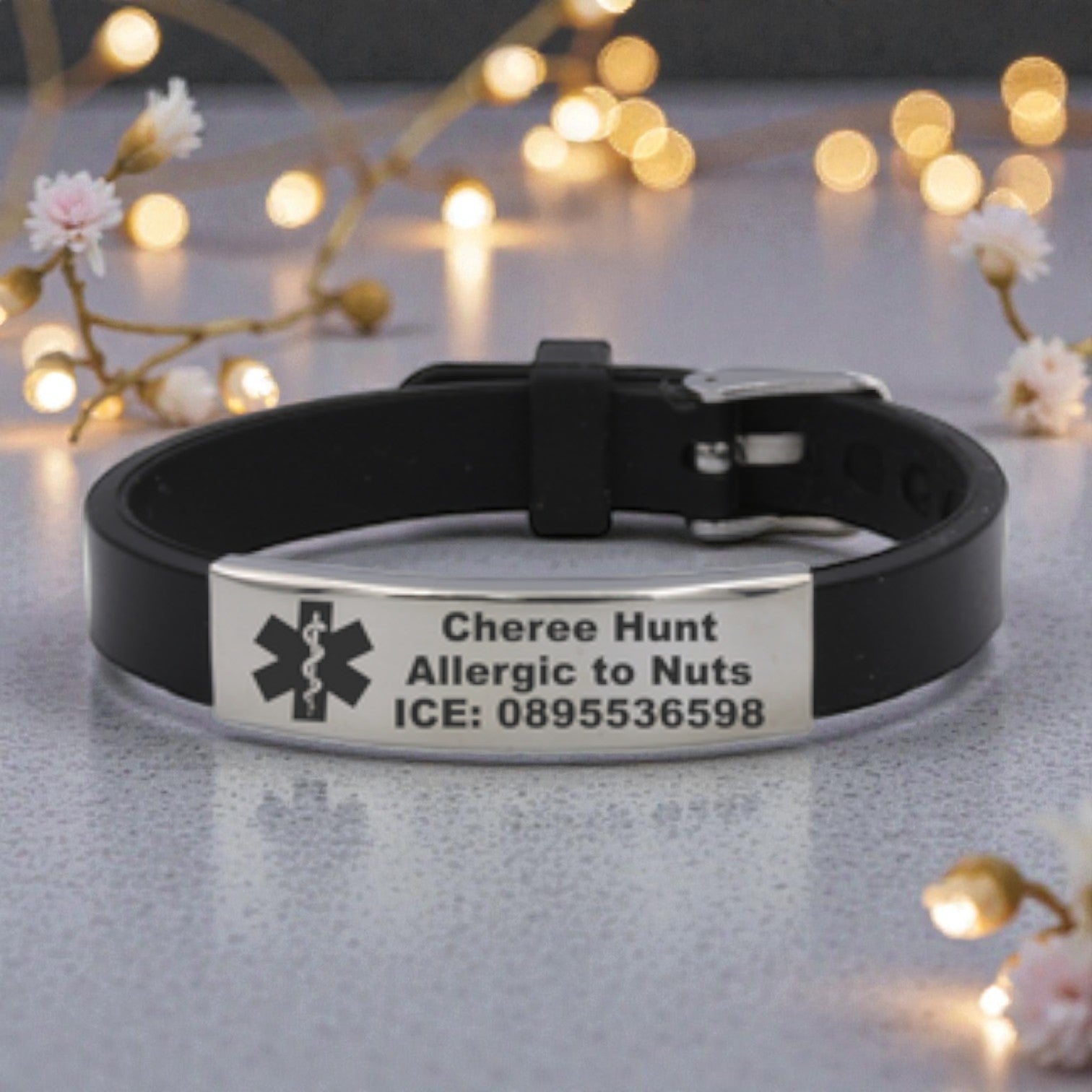 Medical Alert Engraved Black Adjustable Rubber Bracelet
