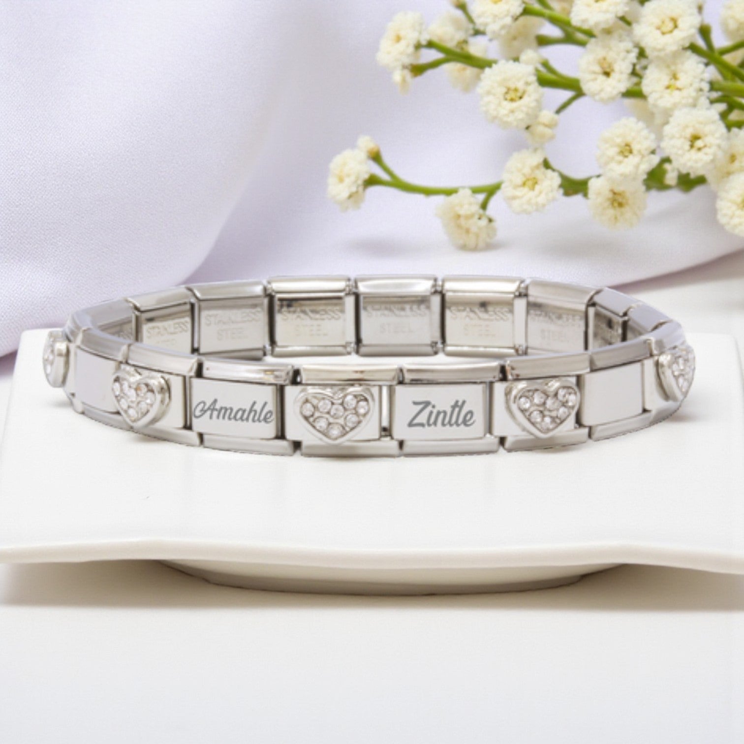 9mm Custom Engraved White Stone Heart Italian Charm Bracelet