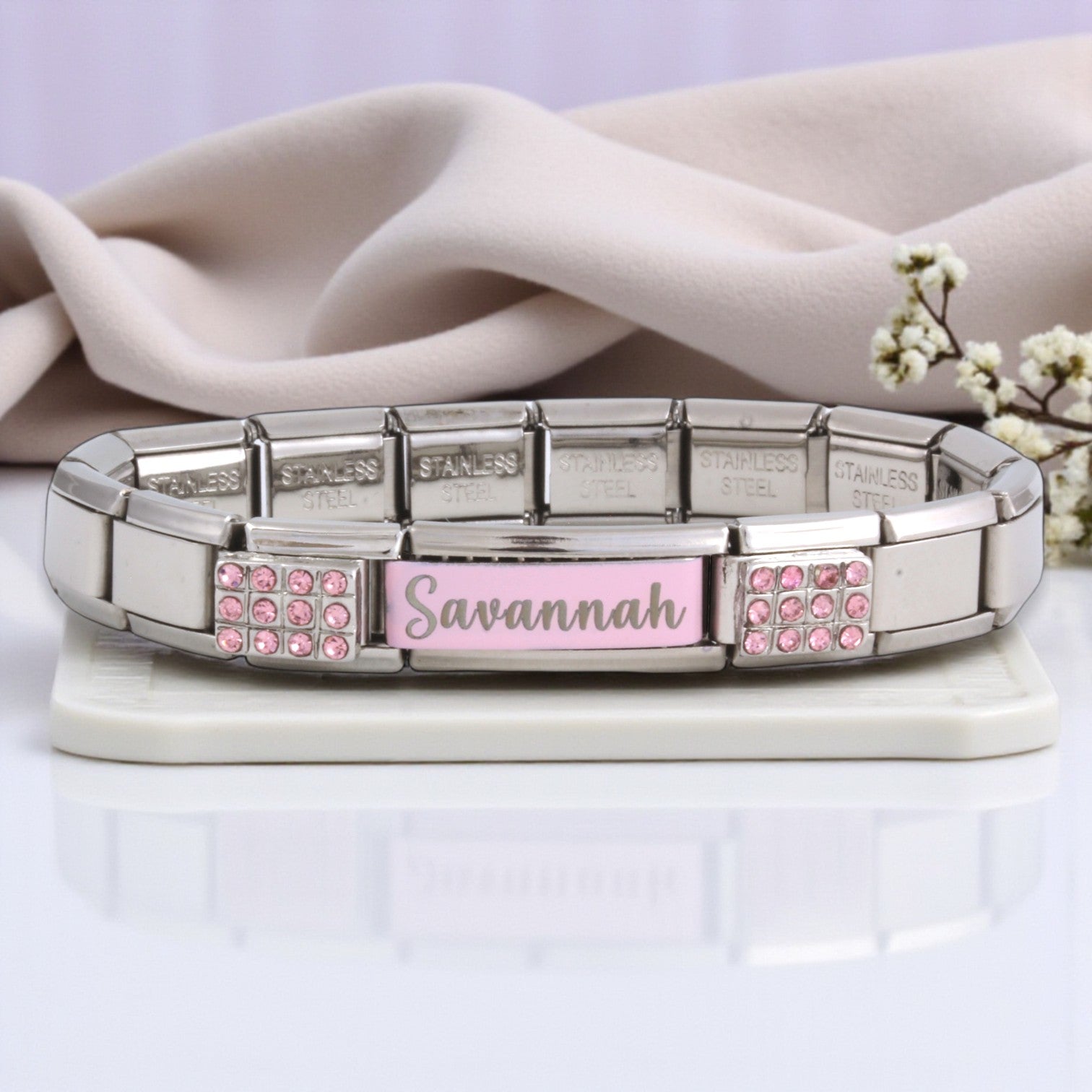 9mm Engraved Pink Name & Enamel Italian Charm Bracelet