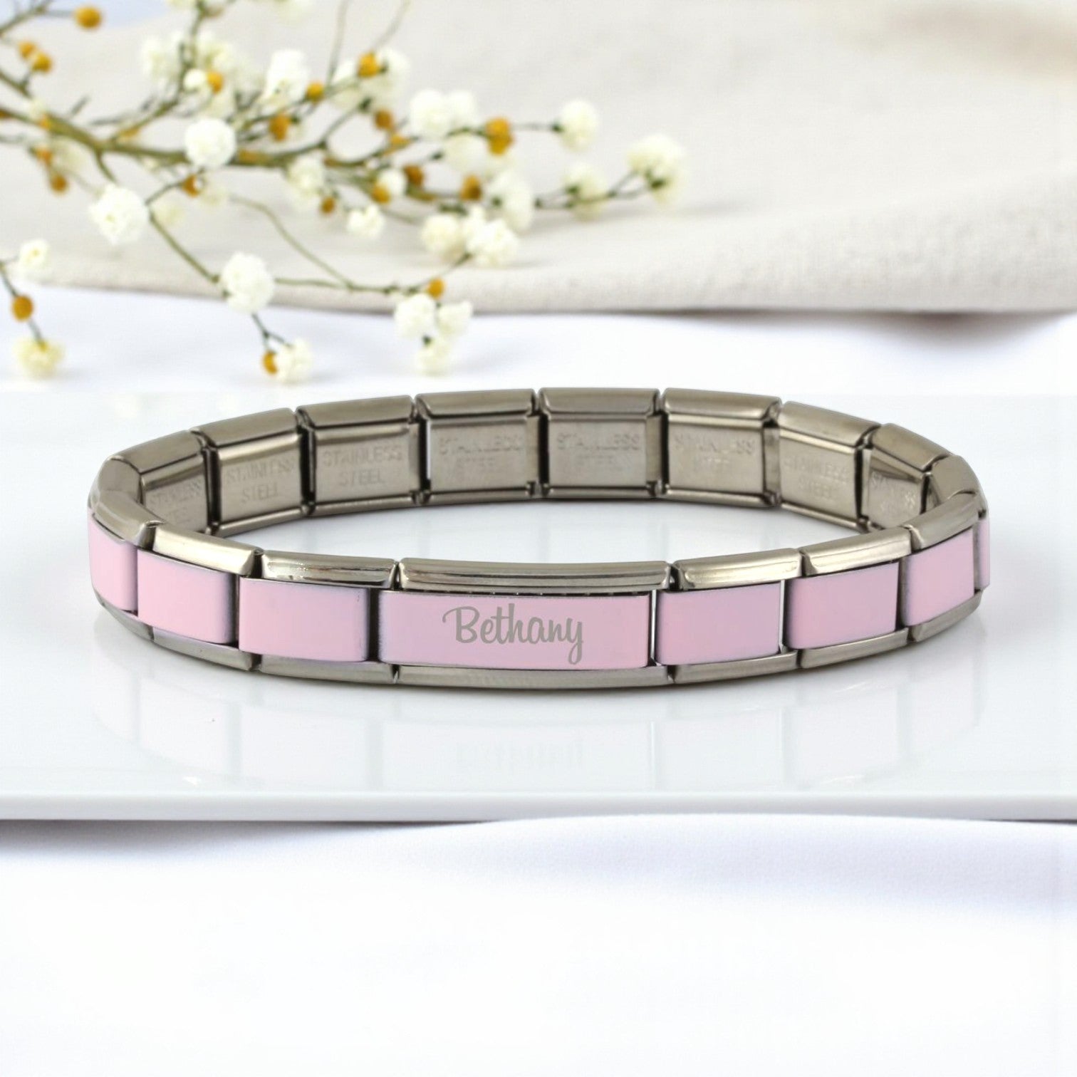 9mm Pink Superlink Engraved Italian Charm Bracelet
