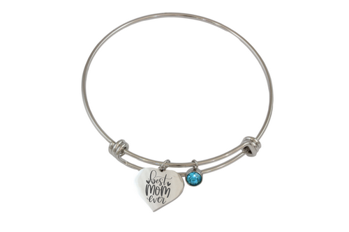 Adjustable Bangle with Heart & Birthstone Charms