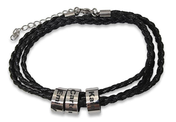 Adjustable Black Rope Bracelet with 3 Custom Engraved Rings