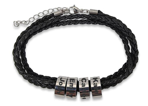 Adjustable Black Rope Bracelet with 4 Custom Engraved Rings