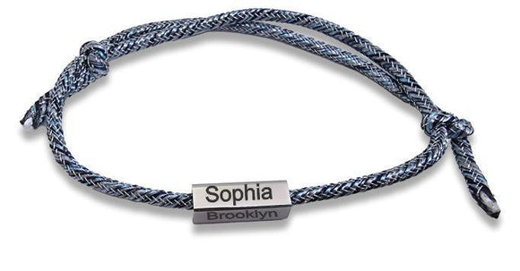 Adjustable Grey Rope Bracelet with Custom Engraved Rectangular Charm