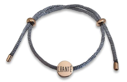 Personalized Grey Rope Bracelet with Rose Gold Charm