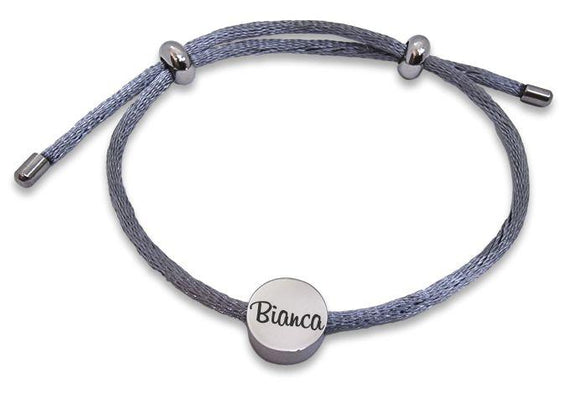 Adjustable Grey Rope Bracelet with Round Engraved Charm