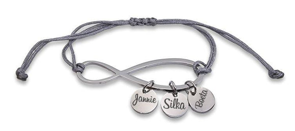 Adjustable Infinity Rope Bracelet with engraved charms