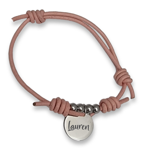Adjustable Pink Cord Bracelet with Round Engraved Charm