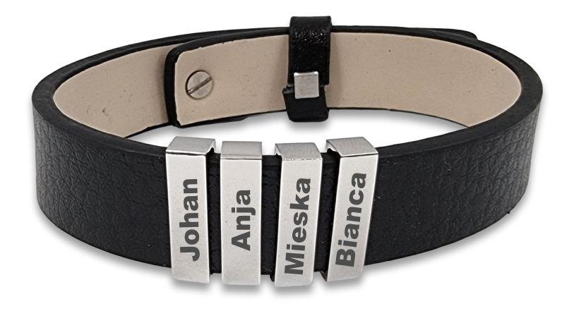 Black Pleather Bracelet & 4 Personalized Engraved Sliders