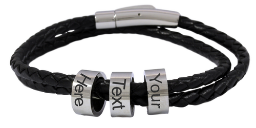 Black Rope Bracelet with 3 Custom Engraved Rings-Charmed Jewellery