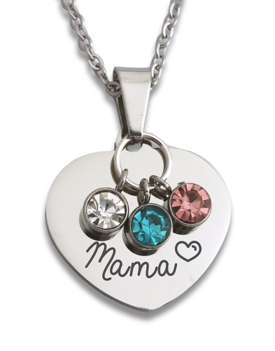 Custom Engraved Heart Pendant & 3 Birthstones with Chain