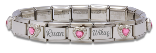 Custom Engraved Pink Heart Stone Italian Charm Bracelet