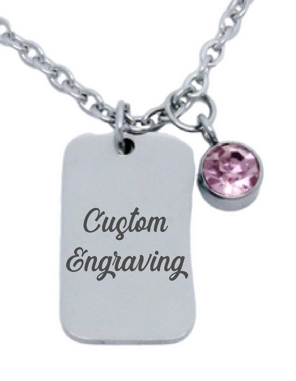 Custom Engraved Rectangle Pendant with Birthstone and Chain-Charmed Jewellery