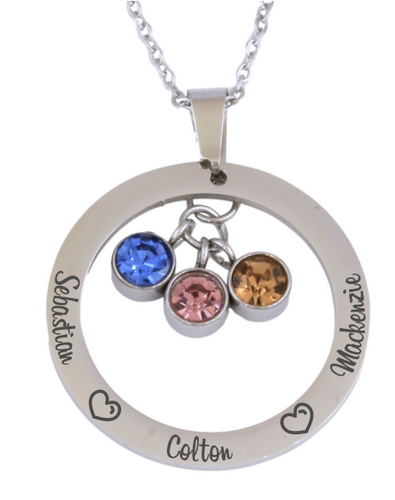 Custom Engraved Ring Pendant with Birthstones and Chain