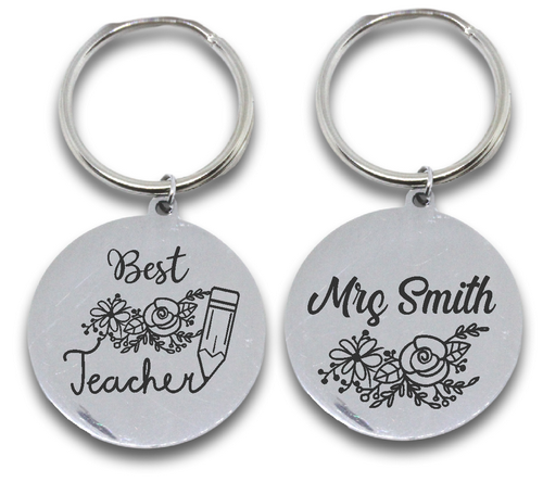 Custom Engraved Round Best Teacher Keyring (front & back)-Charmed Jewellery