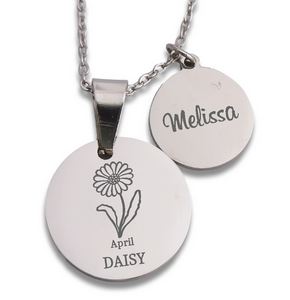Custom Engraved Round Birth Flower Pendant and Chain