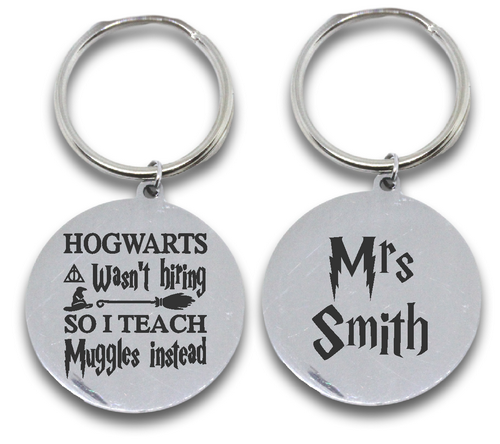 Custom Engraved Round Hogwarts Teacher Keyring (front & back)-Charmed Jewellery