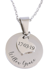 Custom Engraved Round & Mini Heart Pendants and Chain