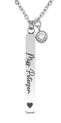 Custom Engraved Teacher Cuboid Bar Pendant with Birthstone Charm and Chain-Charmed Jewellery