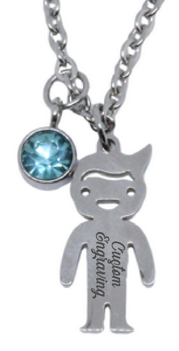 Engraved Boy Pendant with Birthstone Charm & Chain-Charmed Jewellery