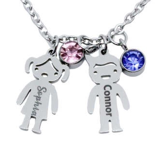 Engraved Boy or Girl Pendants with Birthstones and Chain