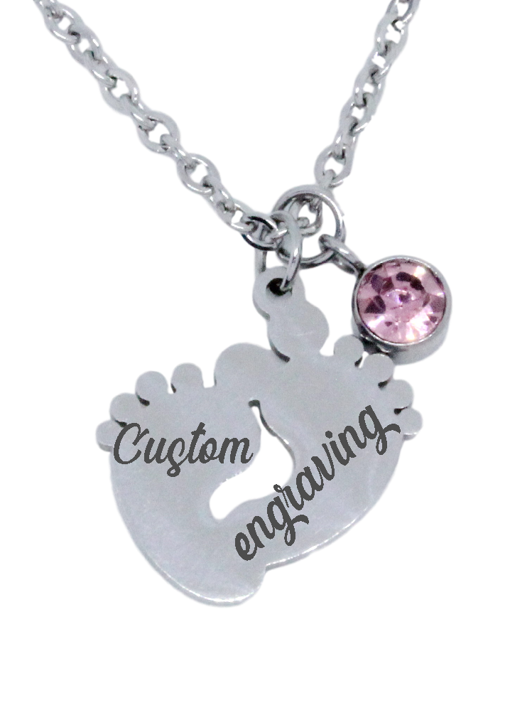 Engraved Feet Pendant with Birthstone Charm & Chain-Charmed Jewellery