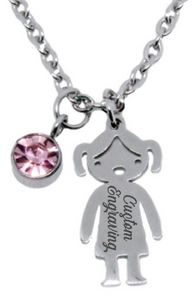 Engraved Girl Pendant with Birthstone Charm & Chain-Charmed Jewellery