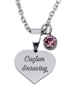 Engraved Heart Pendant with Birthstone Charm & Chain-Charmed Jewellery