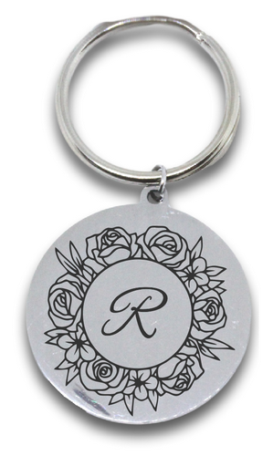 Engraved Round Floral Letter Keyring