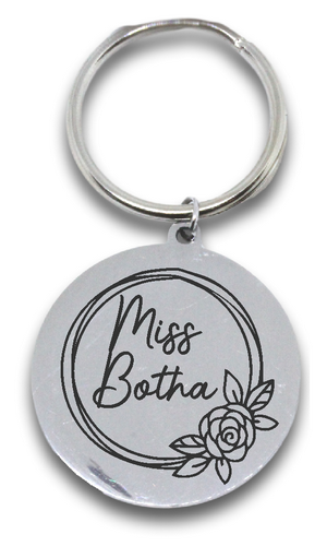 Engraved Round Floral Teacher Keyring Optional engraving on