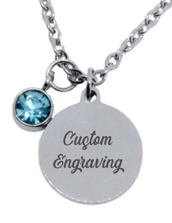 Engraved Round Pendant with Birthstone Charm & Chain-Charmed Jewellery