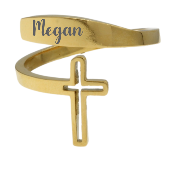 Adjustable Gold Plated Engraved Ring with Cross