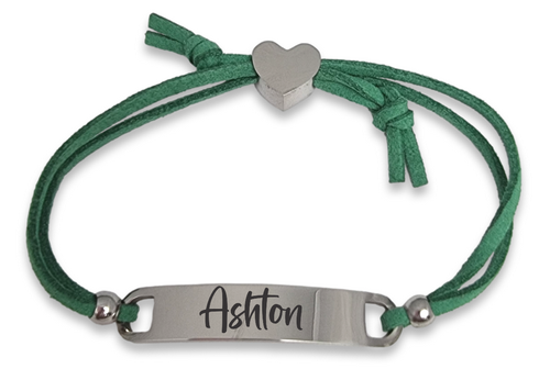 Kids Green Cord ID Bracelet with Engraved Heart Charm