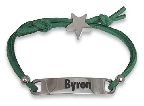 Kids Green Cord ID Bracelet with Engraved Star Charm