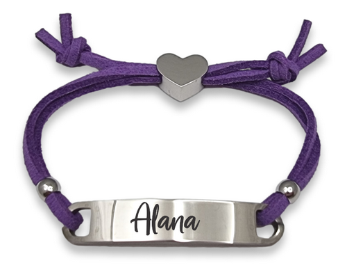 Kids Purple Cord ID Bracelet with Engraved Heart Charm