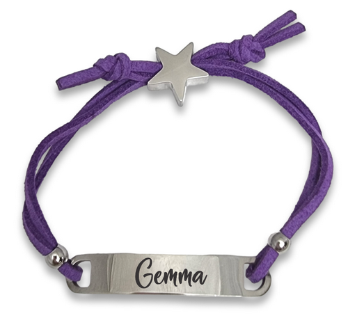 Kids Purple Cord ID Bracelet with Engraved Star Charm