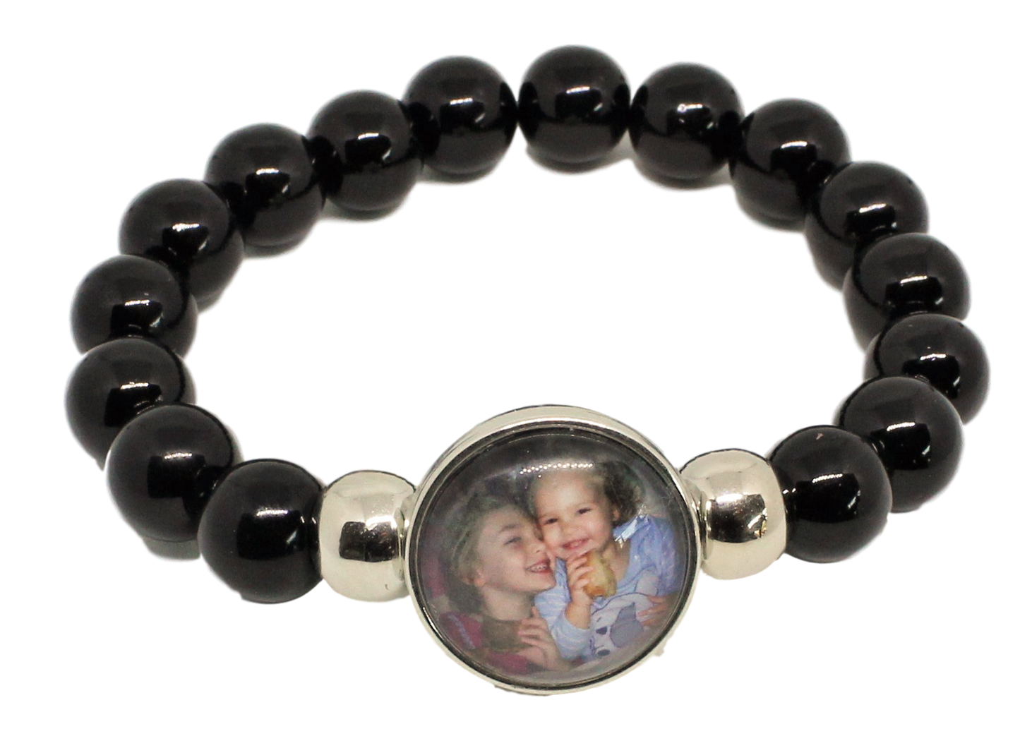 Large 1 Snap Stretch Bead Bangle Black + Photo Charm (click product to upload photos)-Charmed Jewellery