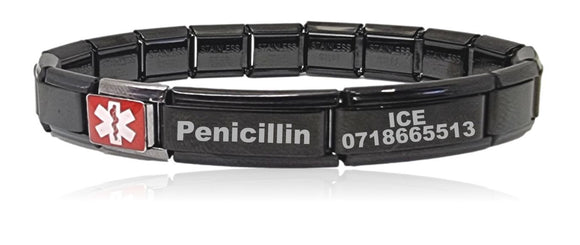 Medical Alert Charm Bracelet Black (Click to personalize)