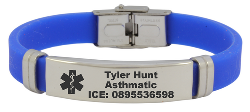 Medical Alert Personalized Engraved Blue Rubber Bracelet-Charmed Jewellery