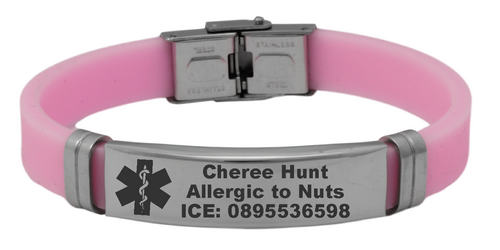 Medical Alert Personalized Engraved Pink Rubber Bracelet-Charmed Jewellery