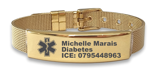 Gold Plated Medical Alert Engraved Mesh Bracelet