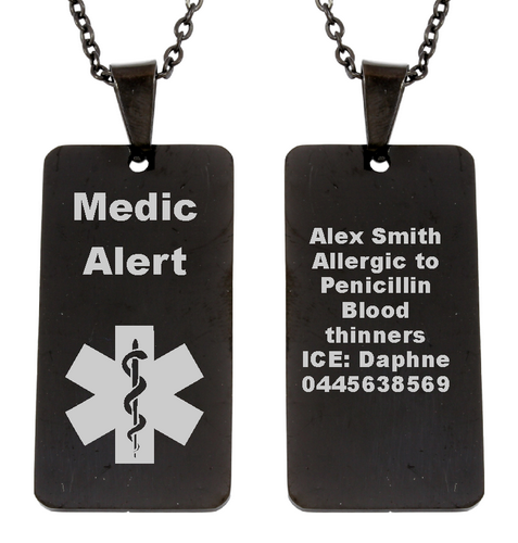 Personalized Medical Alert Black Dog Tag Pendant and Chain-Charmed Jewellery