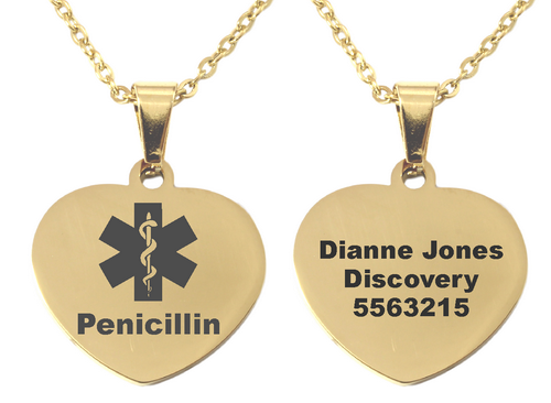 Personalized Medical Alert Gold Plated Heart Pendant and Chain-Charmed Jewellery