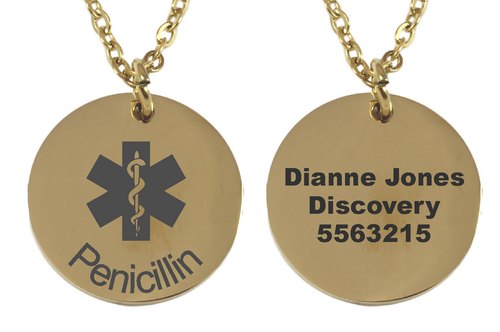 Personalized Medical Alert Gold Plated Round Pendant and Chain-Charmed Jewellery