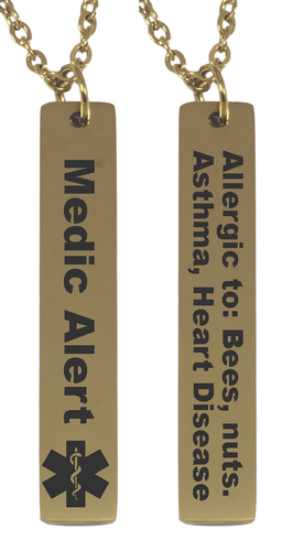 Personalized Medical Alert Gold Plated Vertical Bar Pendant & Chain-Charmed Jewellery
