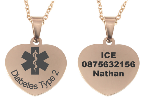 Personalized Medical Alert Rose Gold Plated Heart Pendant and Chain-Charmed Jewellery