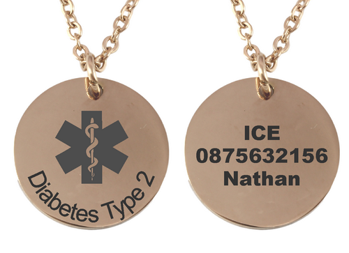 Personalized Medical Alert Rose Gold Plated Round Pendant and Chain-Charmed Jewellery