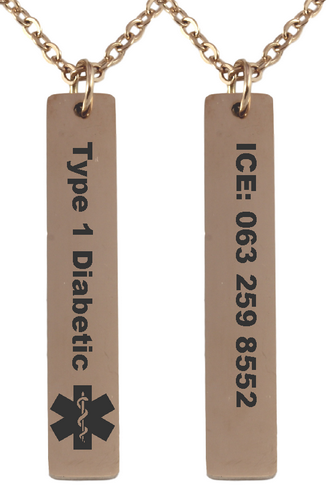 Personalized Medical Alert Rose Gold Plated Vertical Bar Pendant & Chain-Charmed Jewellery