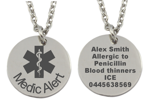 Personalized Medical Alert Round Pendant and Chain-Charmed Jewellery