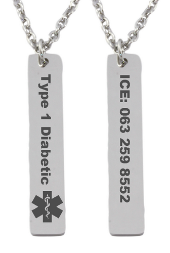 Personalized Medical Alert Stainless Steel Vertical Bar Pendant & Chain-Charmed Jewellery